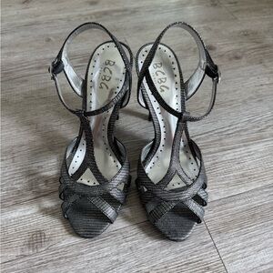 BCBG Silver Metallic Strappy T‑Heel Sandals